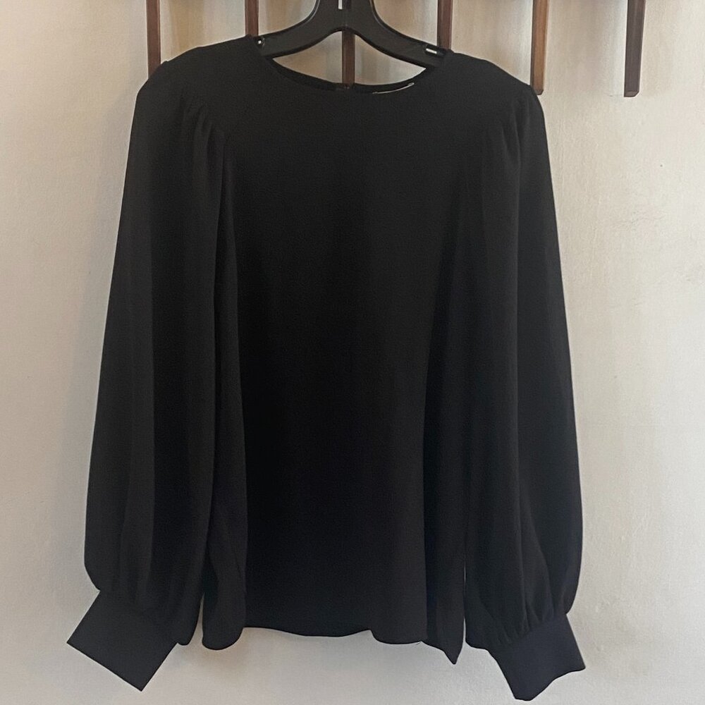 GANNI BLOUSE BLACK HEAVY CREPE BLOUSON SLEEVE TOP